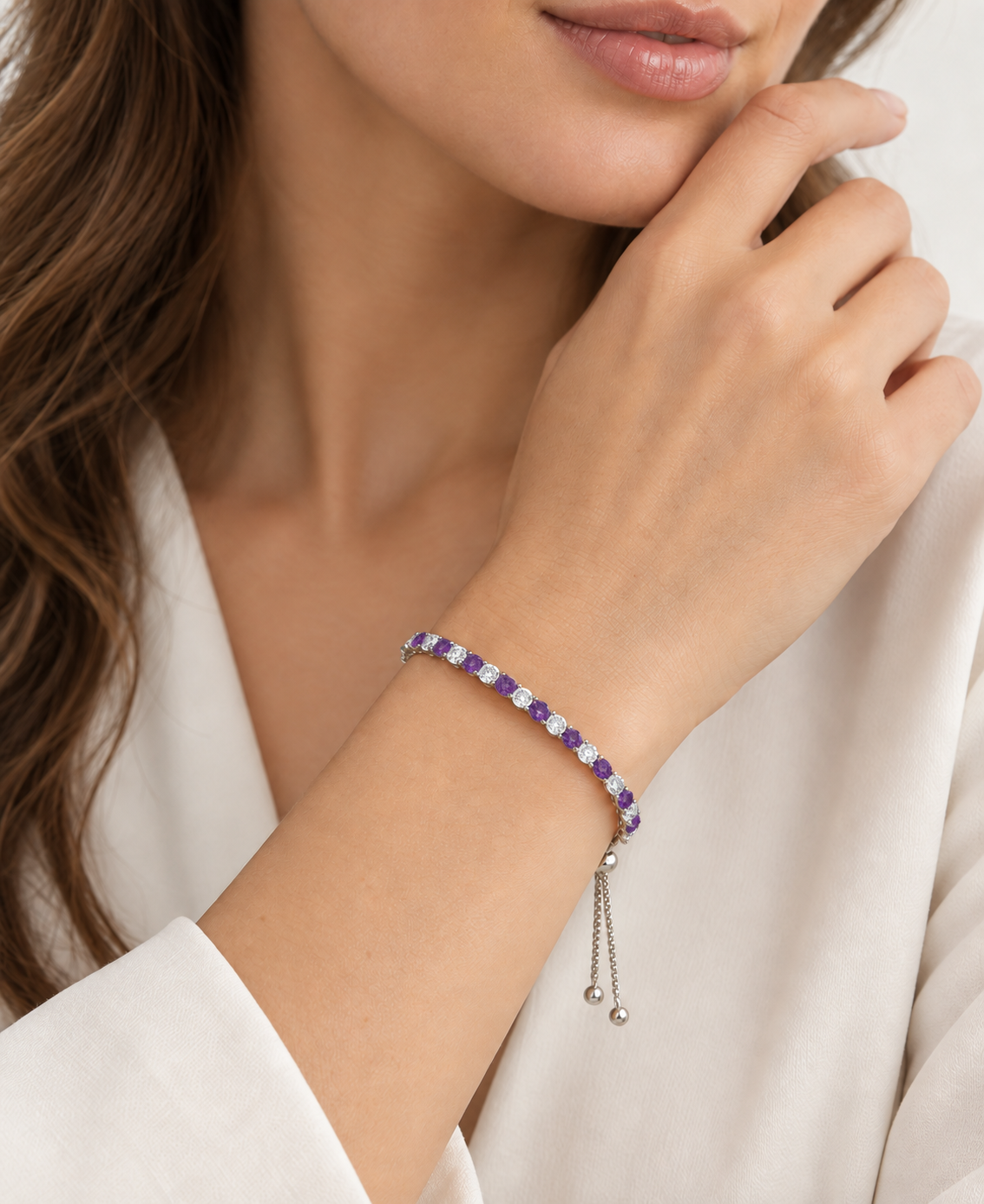 Sterling Silver Alternating Genuine Gemstone Adjustable Bolo Bracelet - view 3