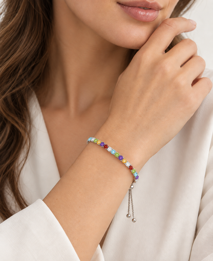 Sterling Silver Alternating Genuine Gemstone Adjustable Bolo Bracelet