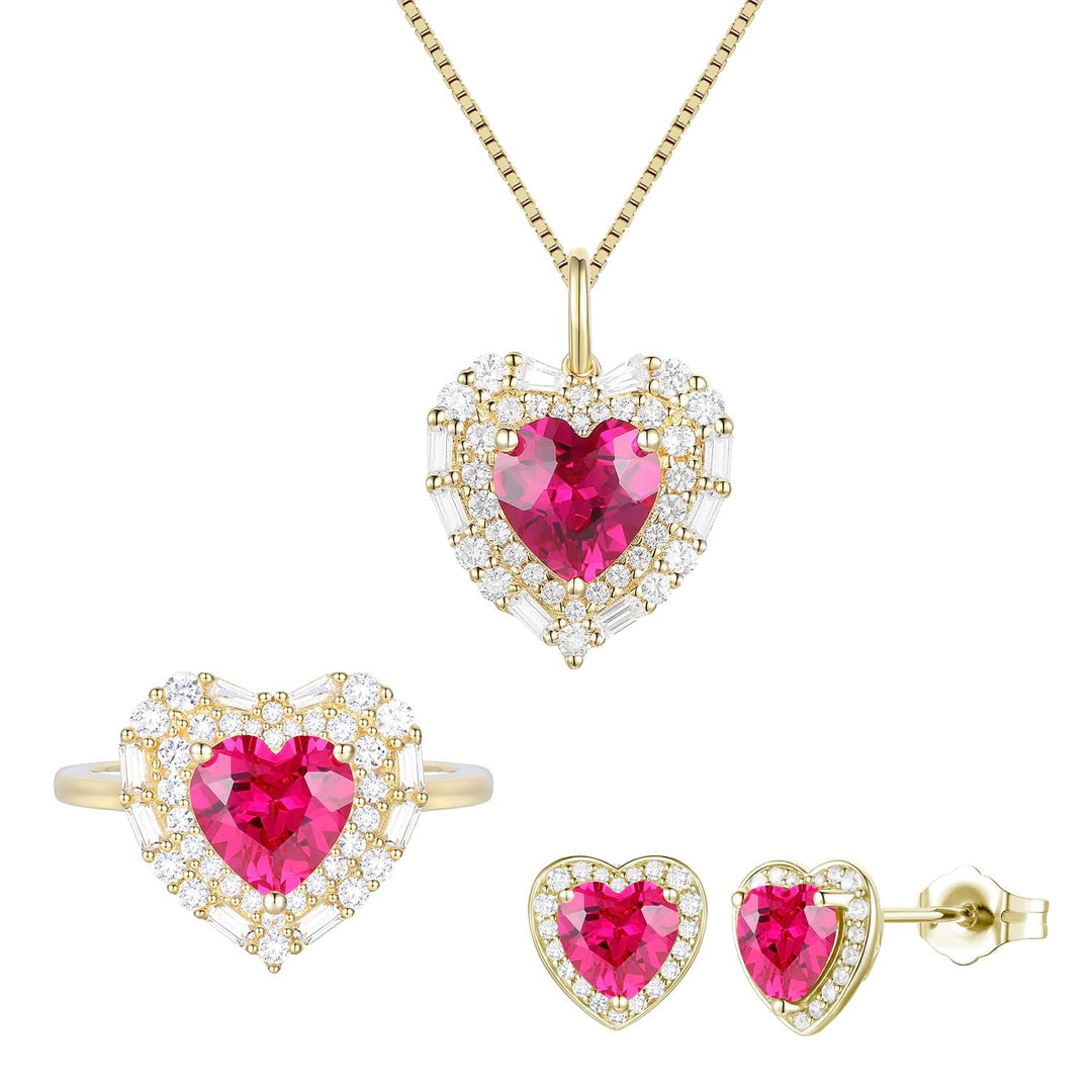 Lab Created Ruby and White Sapphire in 14K Yellow Gold Over Sterling Silver  3-piece Heart Set