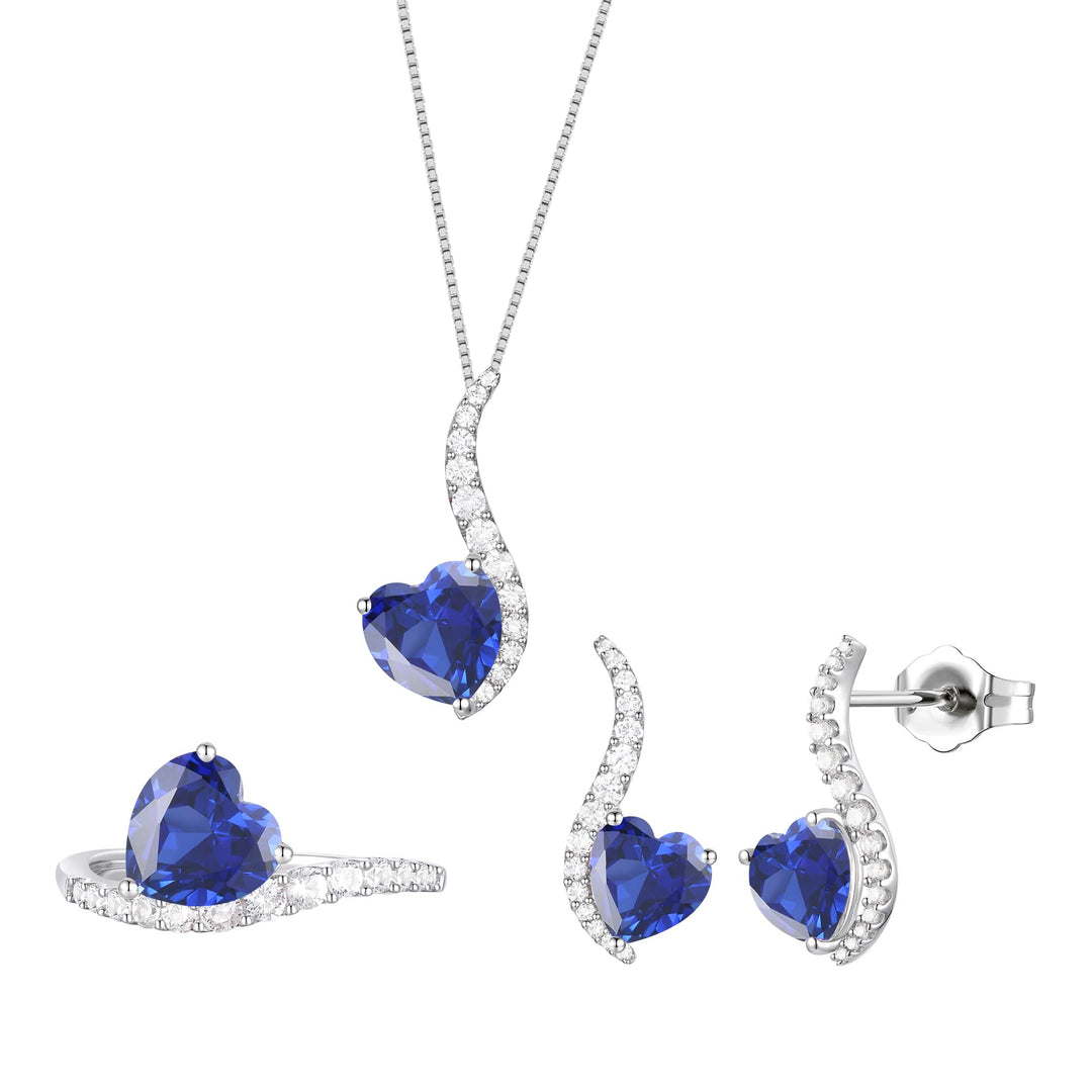 Sterling Silver Lab Created Blue, Pink, and White Sapphire 3-piece Wave Heart Set