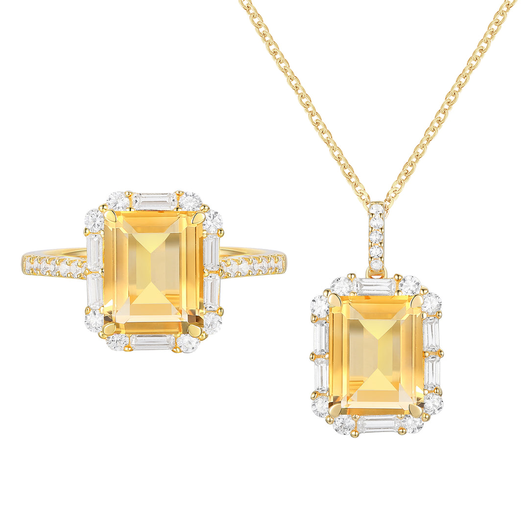 Lab Created Blue or White Sapphire in Sterling Silver or Genuine Citrine in 14K Gold Plated Silver Emerald Cut 2-piece Set