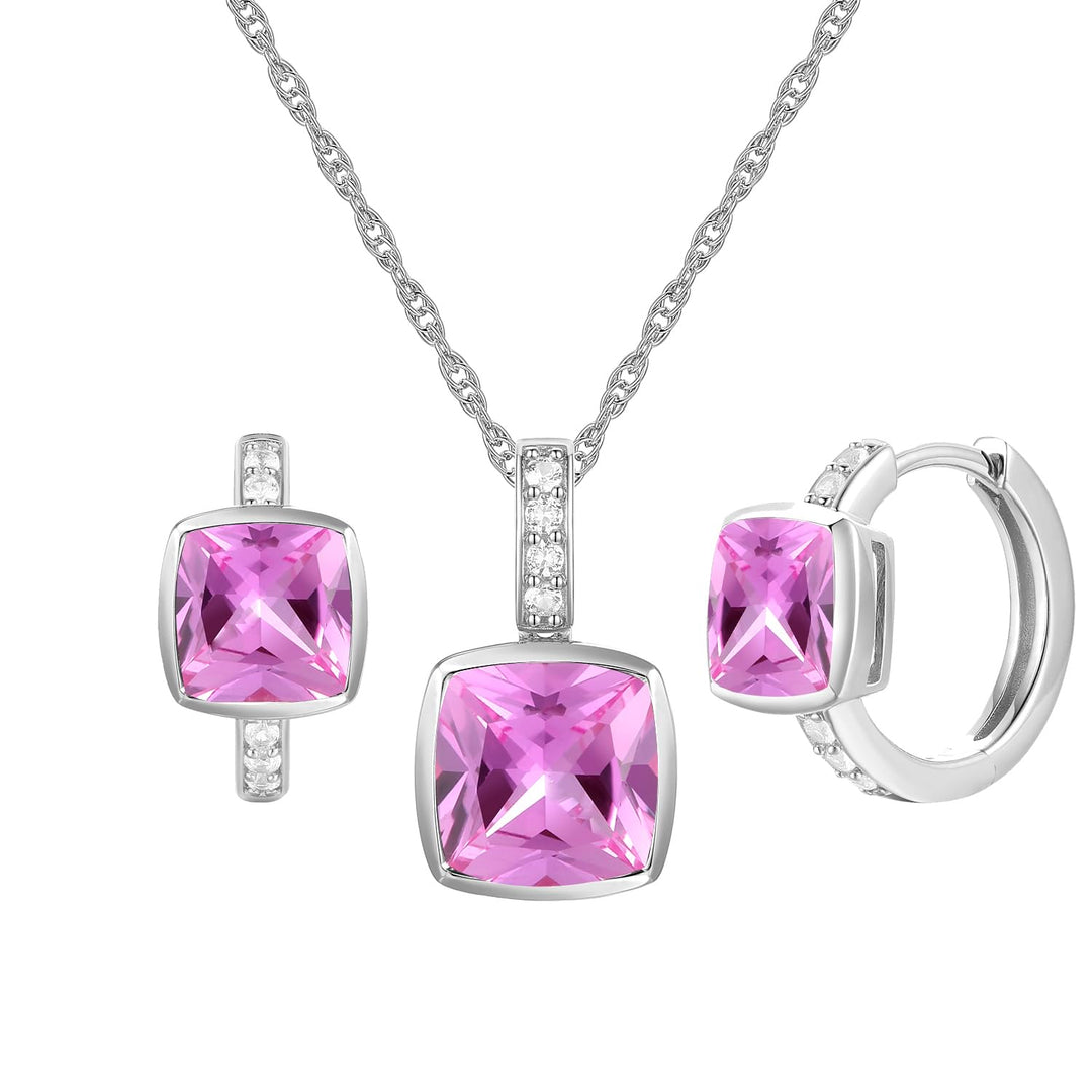 Sterling Silver Lab Created Blue, Pink, and White Sapphire Cushion Cut 2-piece Set