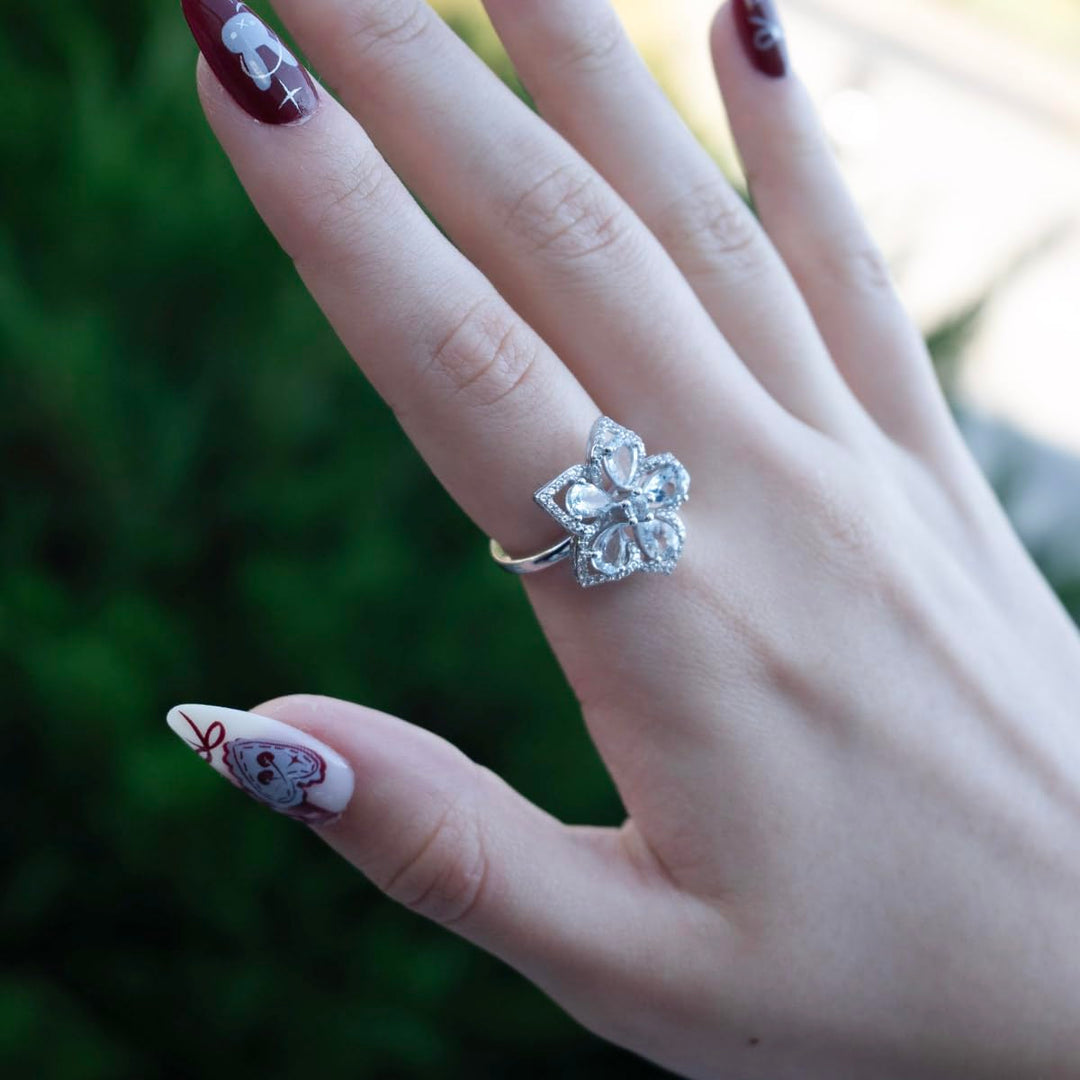 Sterling Silver Genuine Aquamarine & White Topaz Flower Ring