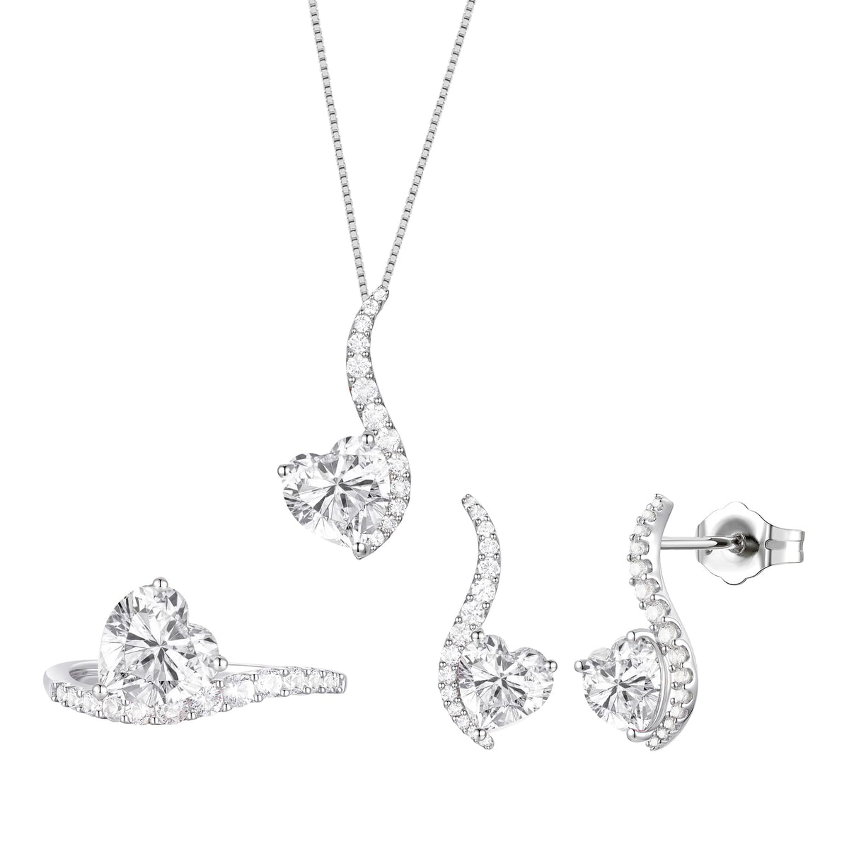 Sterling Silver Lab Created Blue, Pink, and White Sapphire 3-piece Wave Heart Set