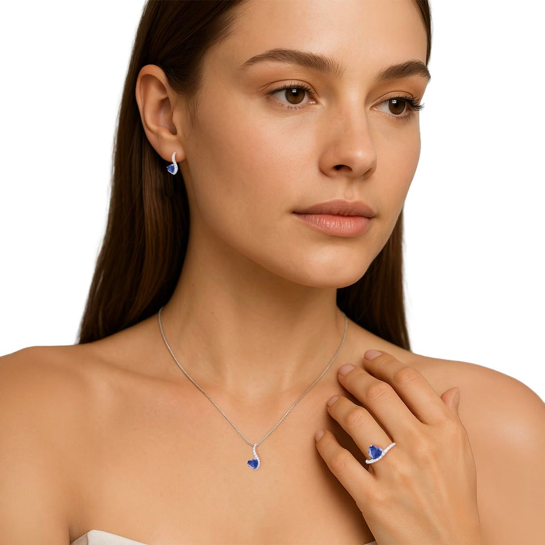 Sterling Silver Lab Created Blue, Pink, and White Sapphire 3-piece Wave Heart Set