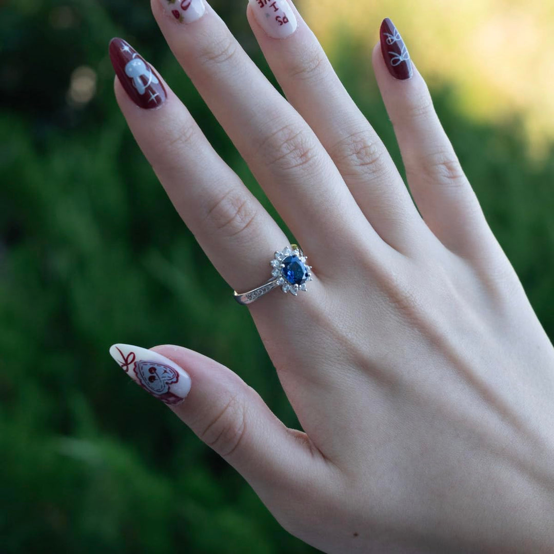 Sterling Silver Lab Created Blue & White Sapphire Oval Halo Ring