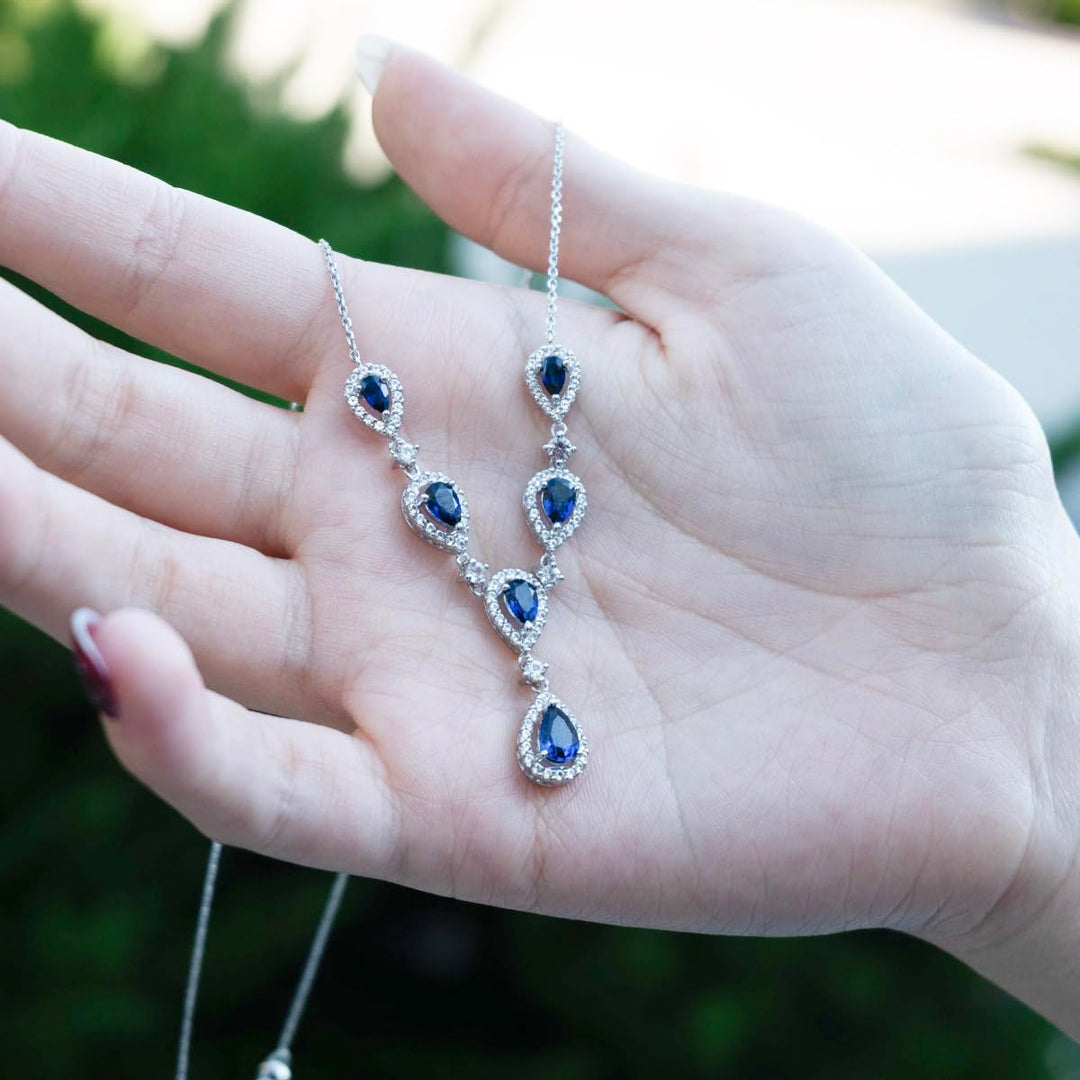 Sterling Silver Lab Created Blue & White Sapphire Gemstone 18 Inch Necklace