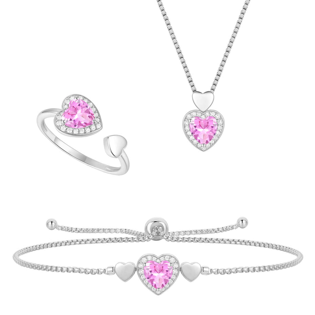 Lab Created Pink Sapphire in Sterling Silver or Lab Created Opal in 14K Gold Plated Silver 3-piece Heart Set