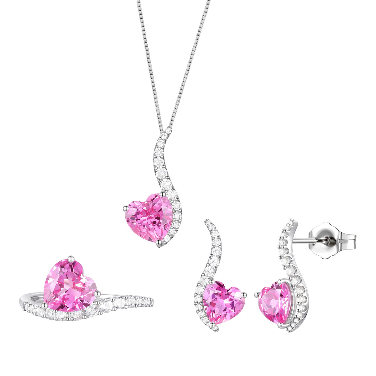 Sterling Silver Lab Created Blue, Pink, and White Sapphire 3-piece Wave Heart Set