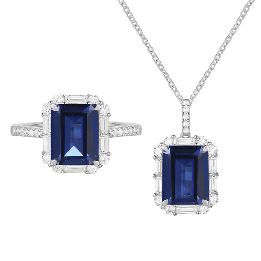 Lab Created Blue or White Sapphire in Sterling Silver or Genuine Citrine in 14K Gold Plated Silver Emerald Cut 2-piece Set