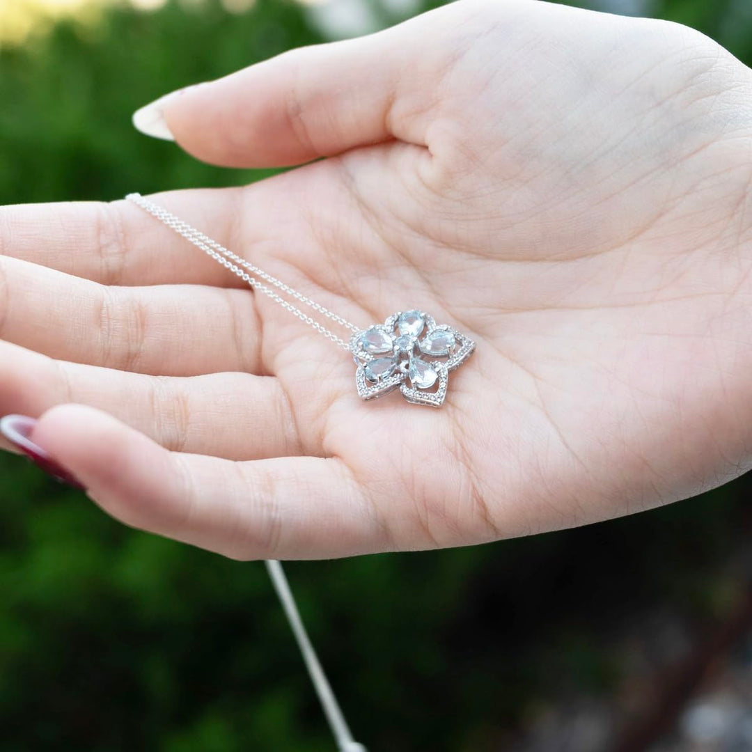 Sterling Silver Genuine Aquamarine & White Topaz Flower Pendant Necklace