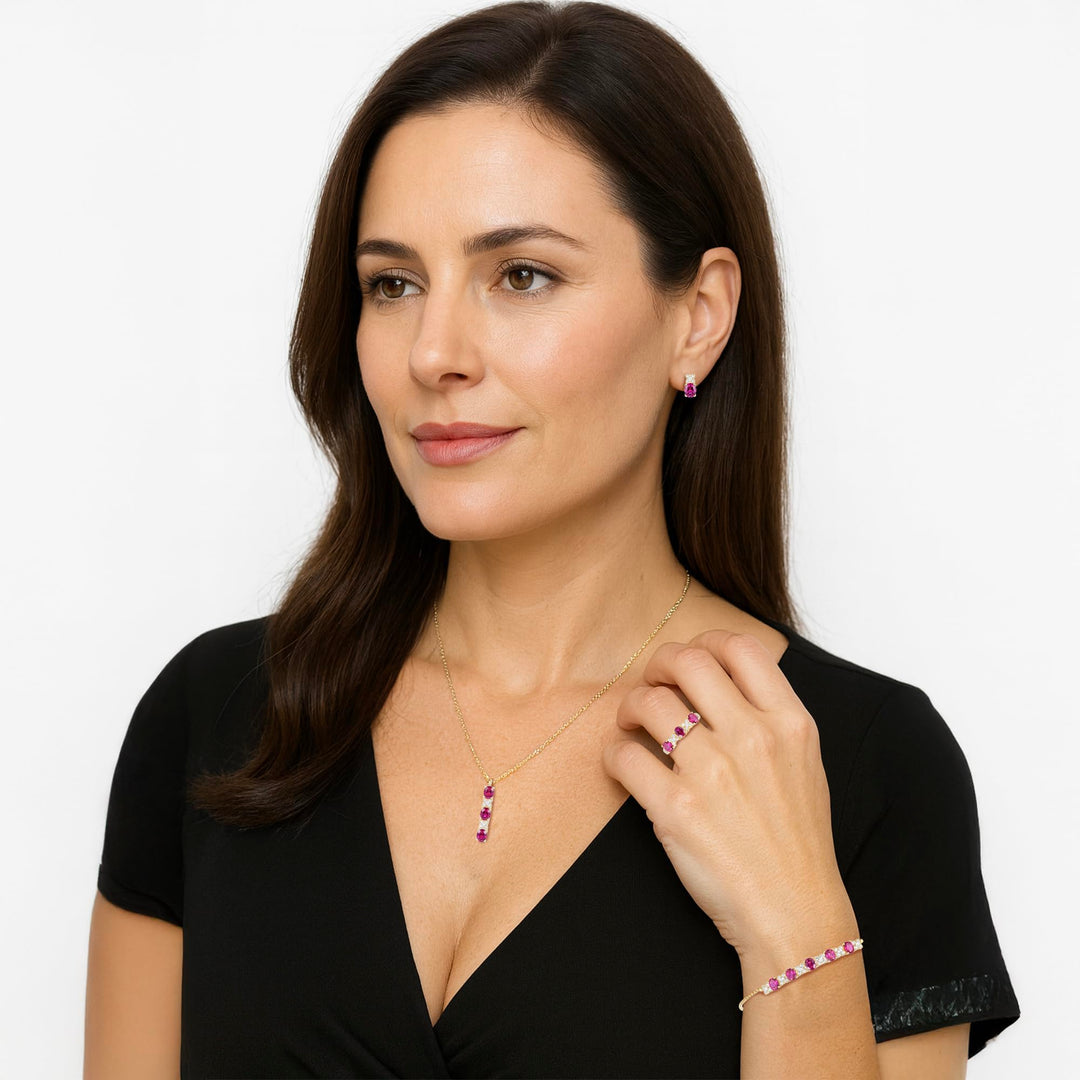 Lab Created Blue Sapphire or Lab Created Emerald in Sterling Silver or Lab Created Ruby in 14K Gold Plated Silver 4-piece Set