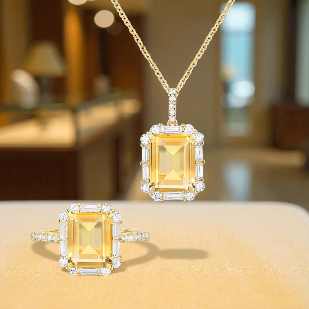 Lab Created Blue or White Sapphire in Sterling Silver or Genuine Citrine in 14K Gold Plated Silver Emerald Cut 2-piece Set