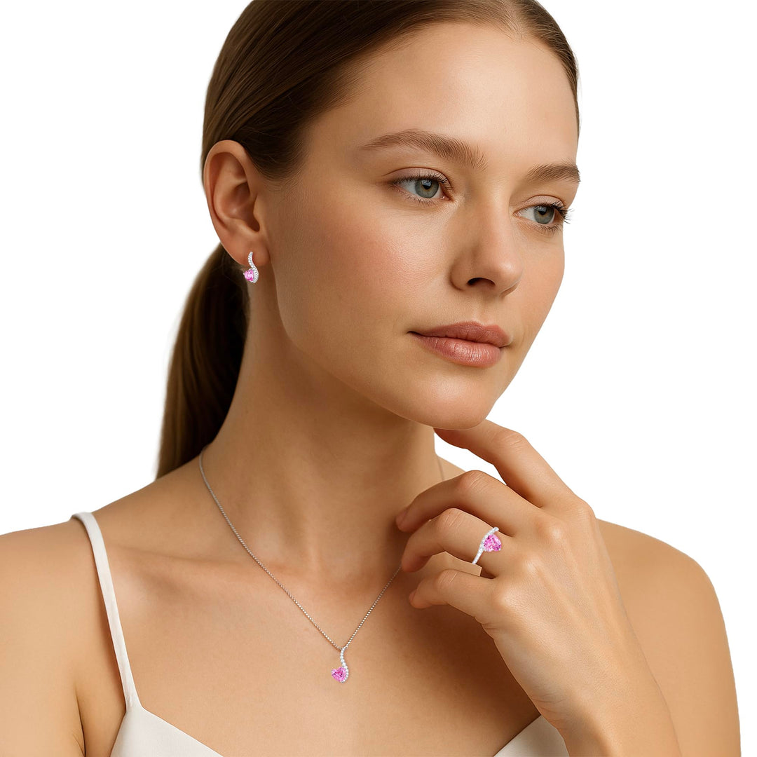 Sterling Silver Lab Created Blue, Pink, and White Sapphire 3-piece Wave Heart Set