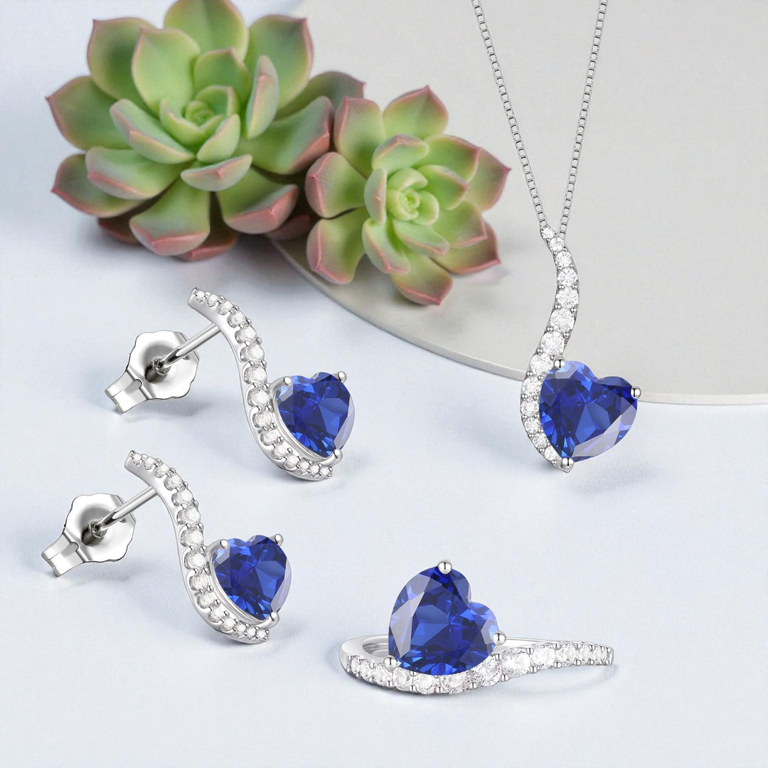 Sterling Silver Lab Created Blue, Pink, and White Sapphire 3-piece Wave Heart Set