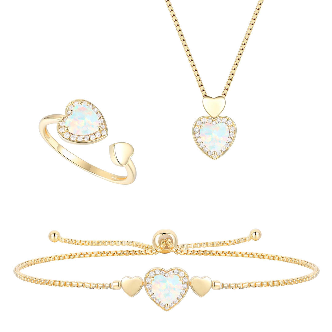 Lab Created Pink Sapphire in Sterling Silver or Lab Created Opal in 14K Gold Plated Silver 3-piece Heart Set
