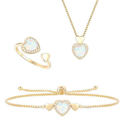 Lab Created Pink Sapphire in Sterling Silver or Lab Created Opal in 14K Gold Plated Silver 3-piece Heart Set