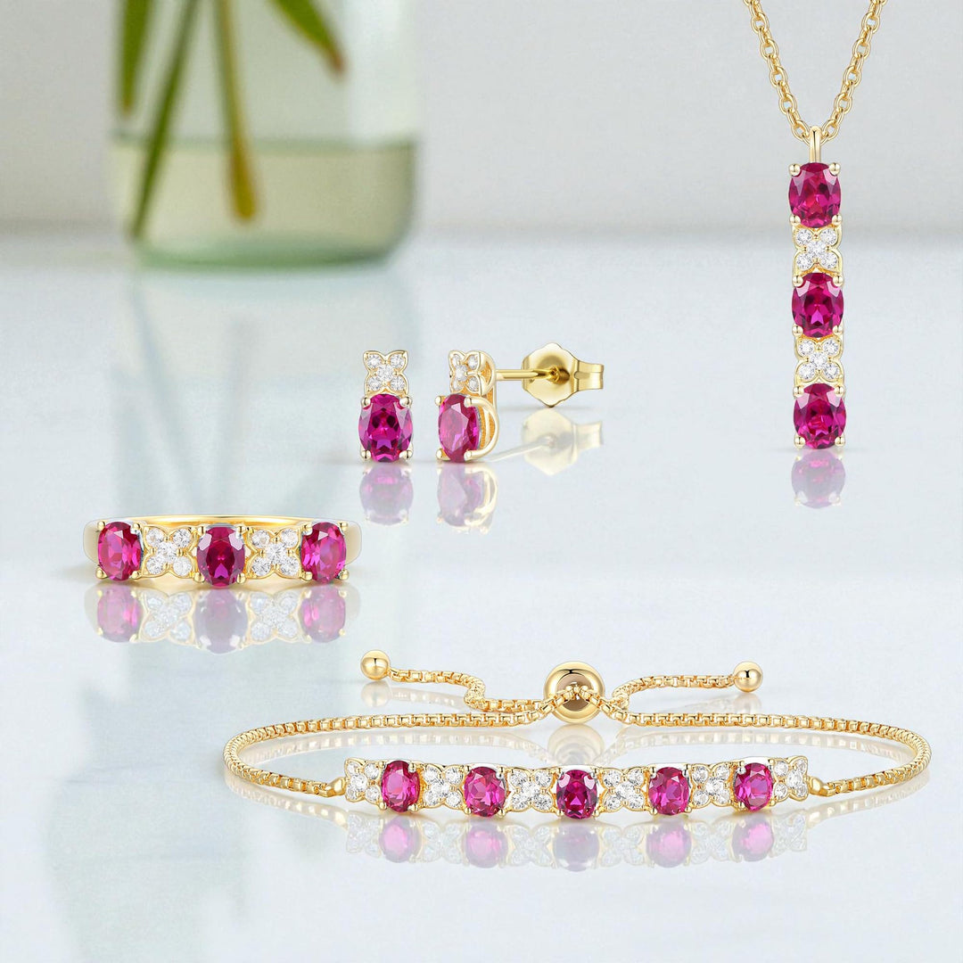 Lab Created Blue Sapphire or Lab Created Emerald in Sterling Silver or Lab Created Ruby in 14K Gold Plated Silver 4-piece Set
