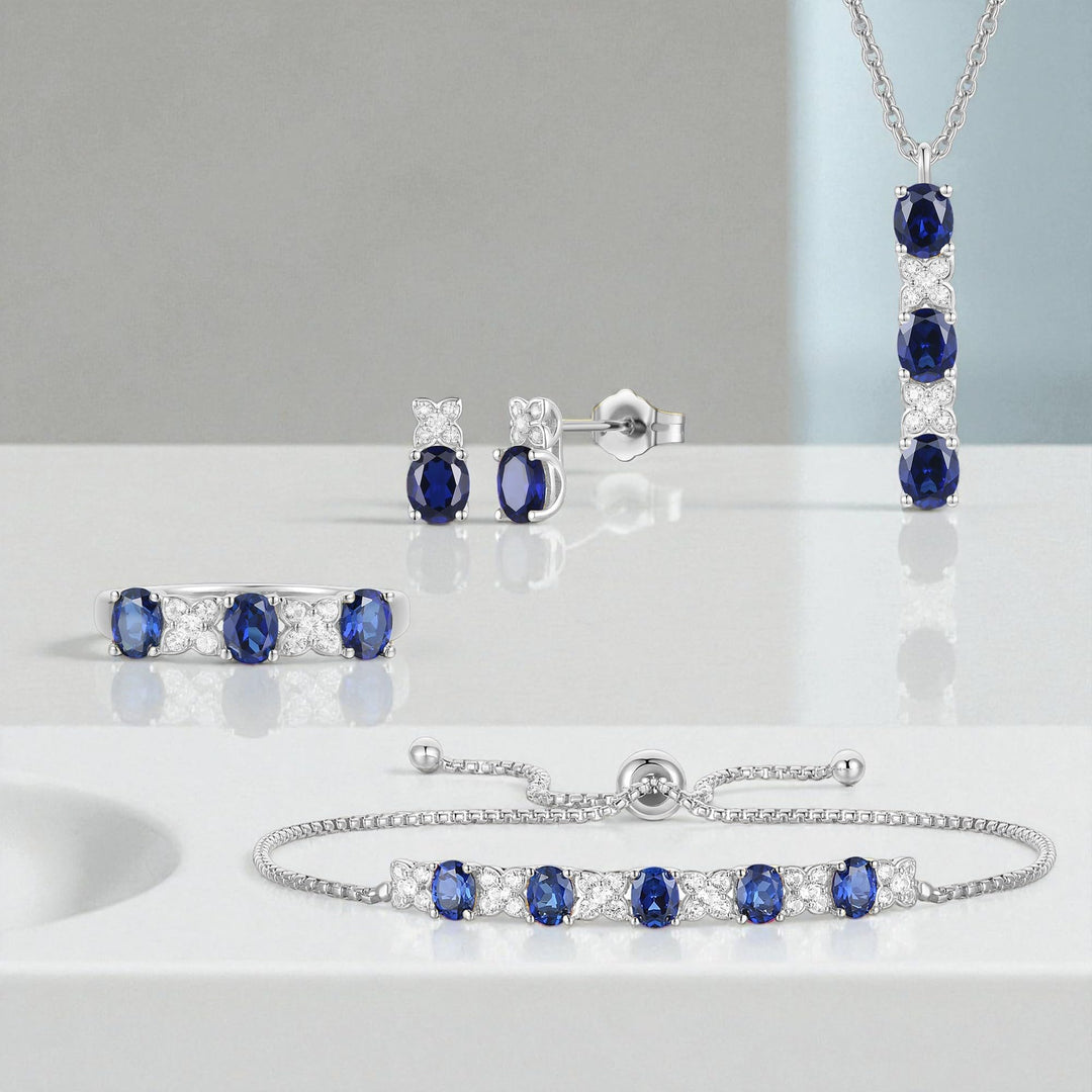 Lab Created Blue Sapphire or Lab Created Emerald in Sterling Silver or Lab Created Ruby in 14K Gold Plated Silver 4-piece Set