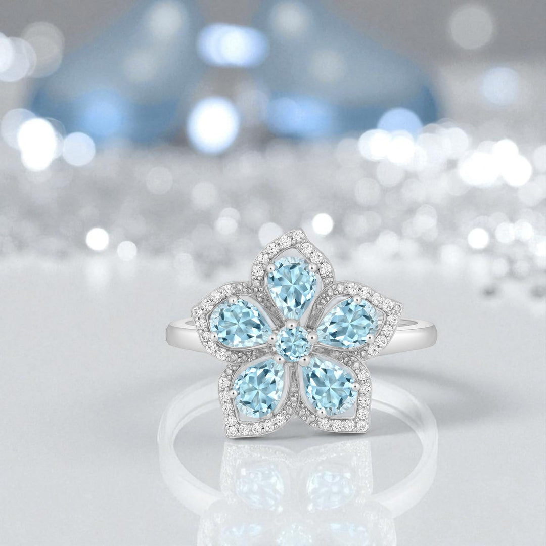 Sterling Silver Genuine Aquamarine & White Topaz Flower Ring