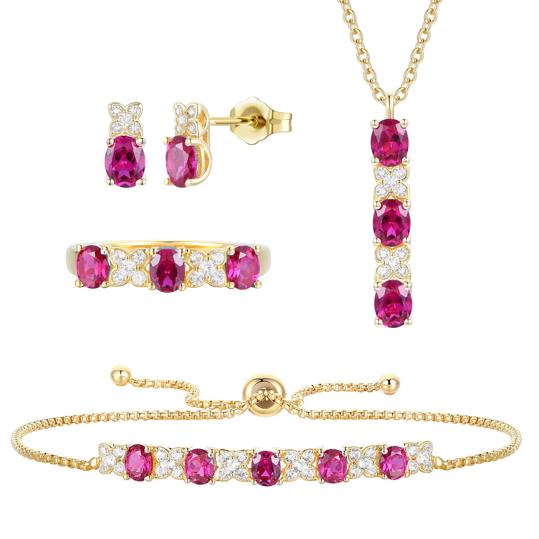 Lab Created Blue Sapphire or Lab Created Emerald in Sterling Silver or Lab Created Ruby in 14K Gold Plated Silver 4-piece Set