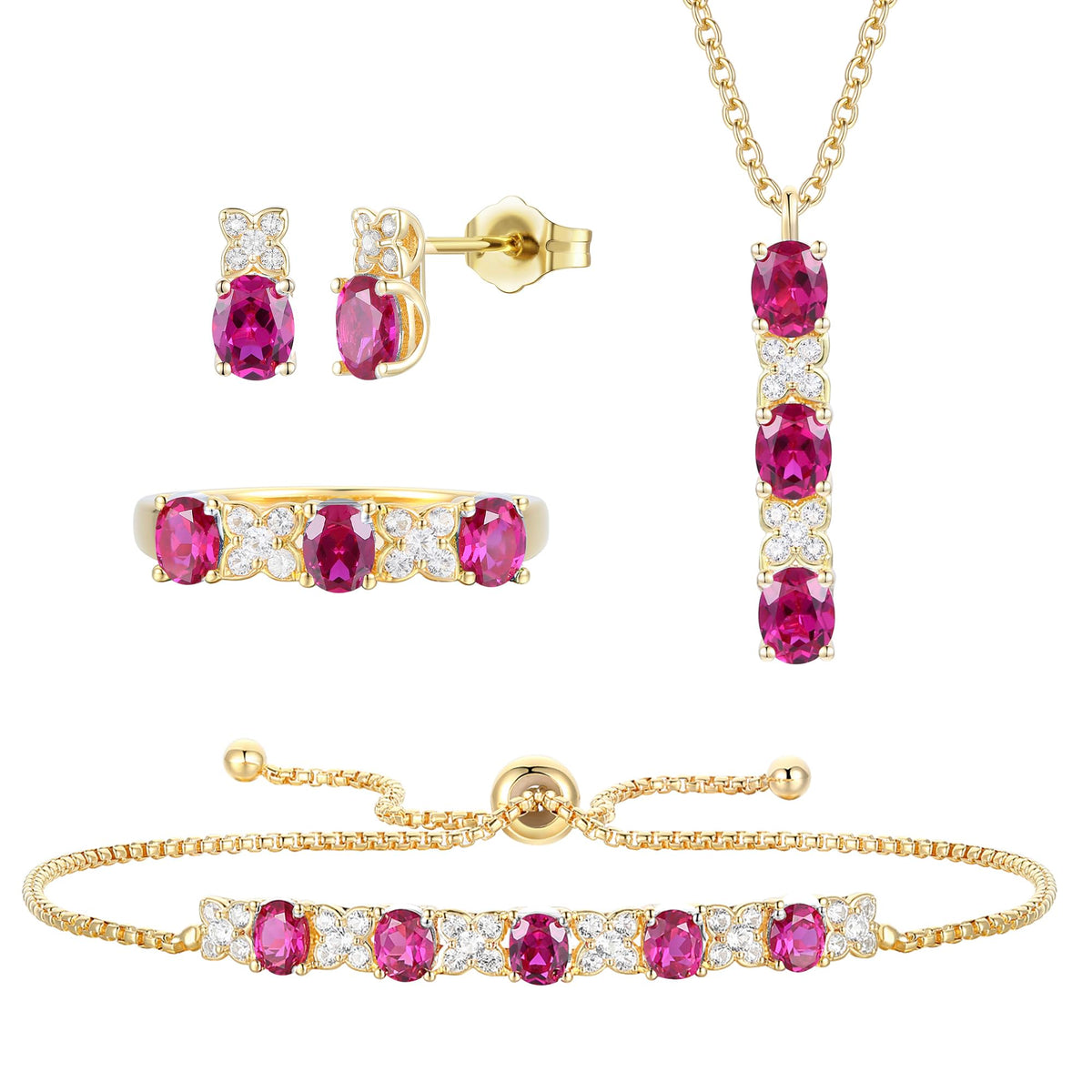 Lab Created Blue Sapphire or Lab Created Emerald in Sterling Silver or Lab Created Ruby in 14K Gold Plated Silver 4-piece Set