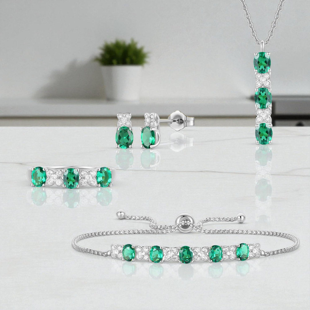 Lab Created Blue Sapphire or Lab Created Emerald in Sterling Silver or Lab Created Ruby in 14K Gold Plated Silver 4-piece Set