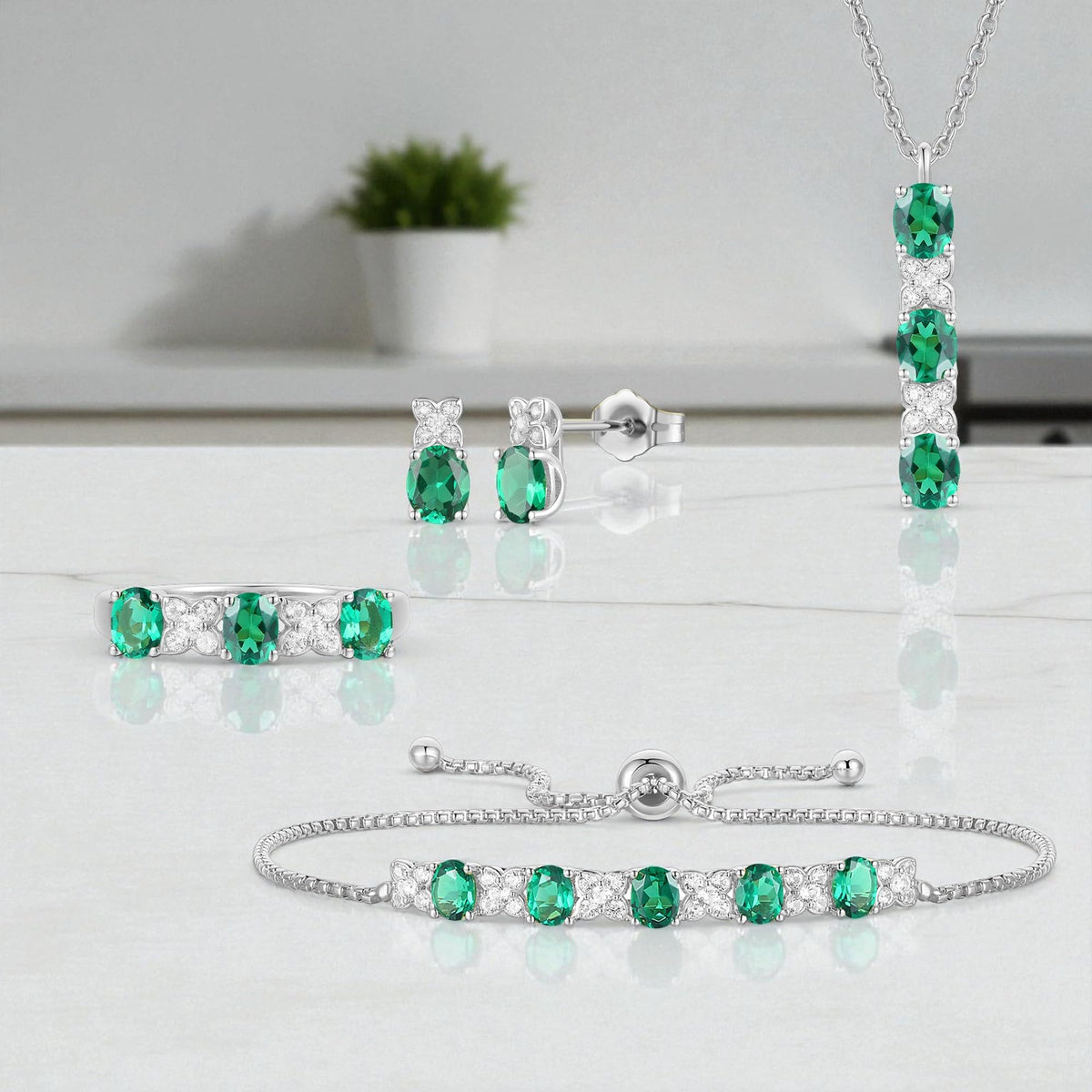 Lab Created Blue Sapphire or Lab Created Emerald in Sterling Silver or Lab Created Ruby in 14K Gold Plated Silver 4-piece Set