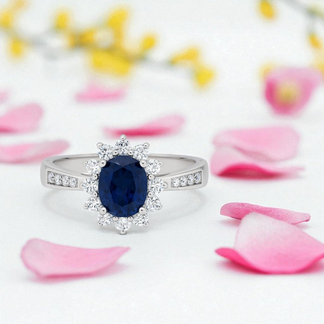 Sterling Silver Lab Created Blue & White Sapphire Oval Halo Ring