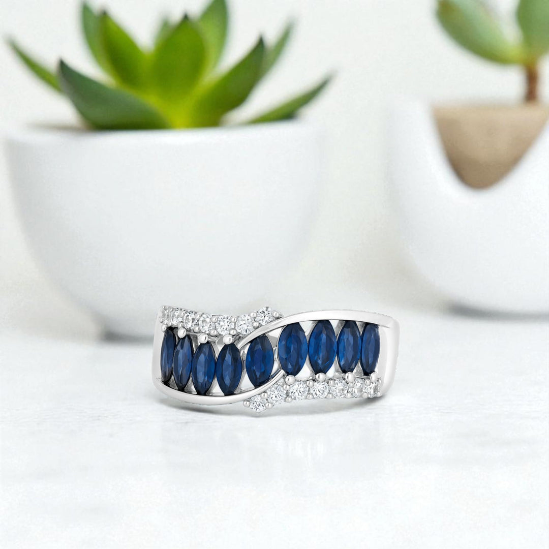 Sterling Silver Lab Created Blue & White Sapphire Marquise Wave Band Ring