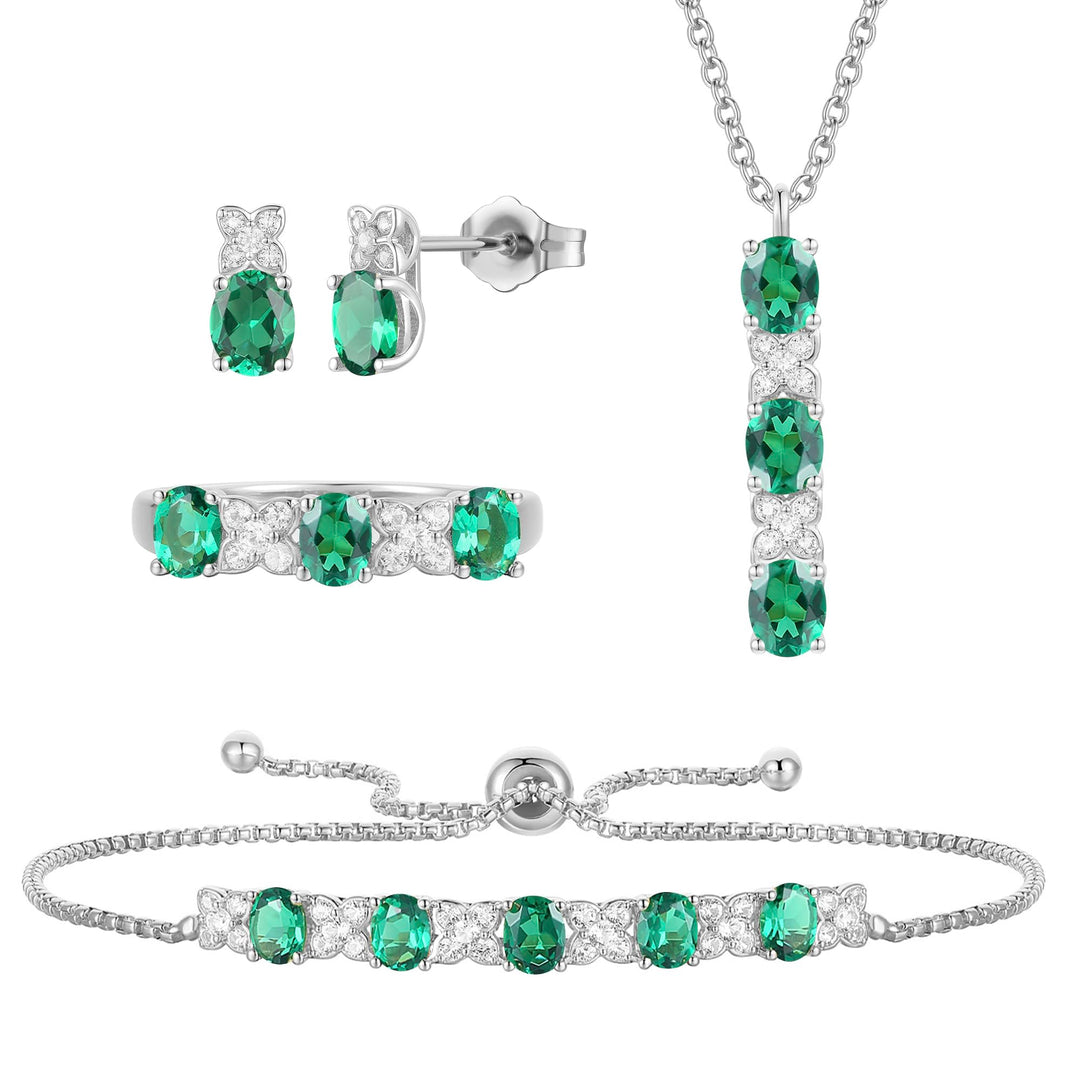 Lab Created Blue Sapphire or Lab Created Emerald in Sterling Silver or Lab Created Ruby in 14K Gold Plated Silver 4-piece Set