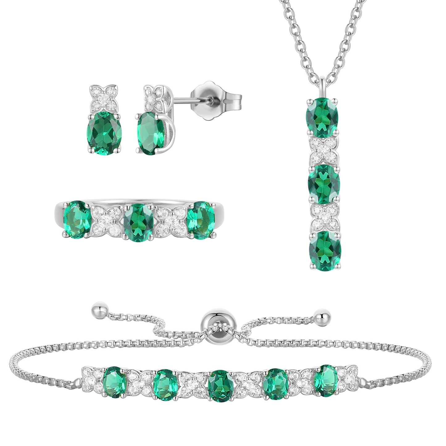 Lab Created Blue Sapphire or Lab Created Emerald in Sterling Silver or Lab Created Ruby in 14K Gold Plated Silver 4-piece Set