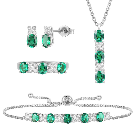 Lab Created Blue Sapphire or Lab Created Emerald in Sterling Silver or Lab Created Ruby in 14K Gold Plated Silver 4-piece Set