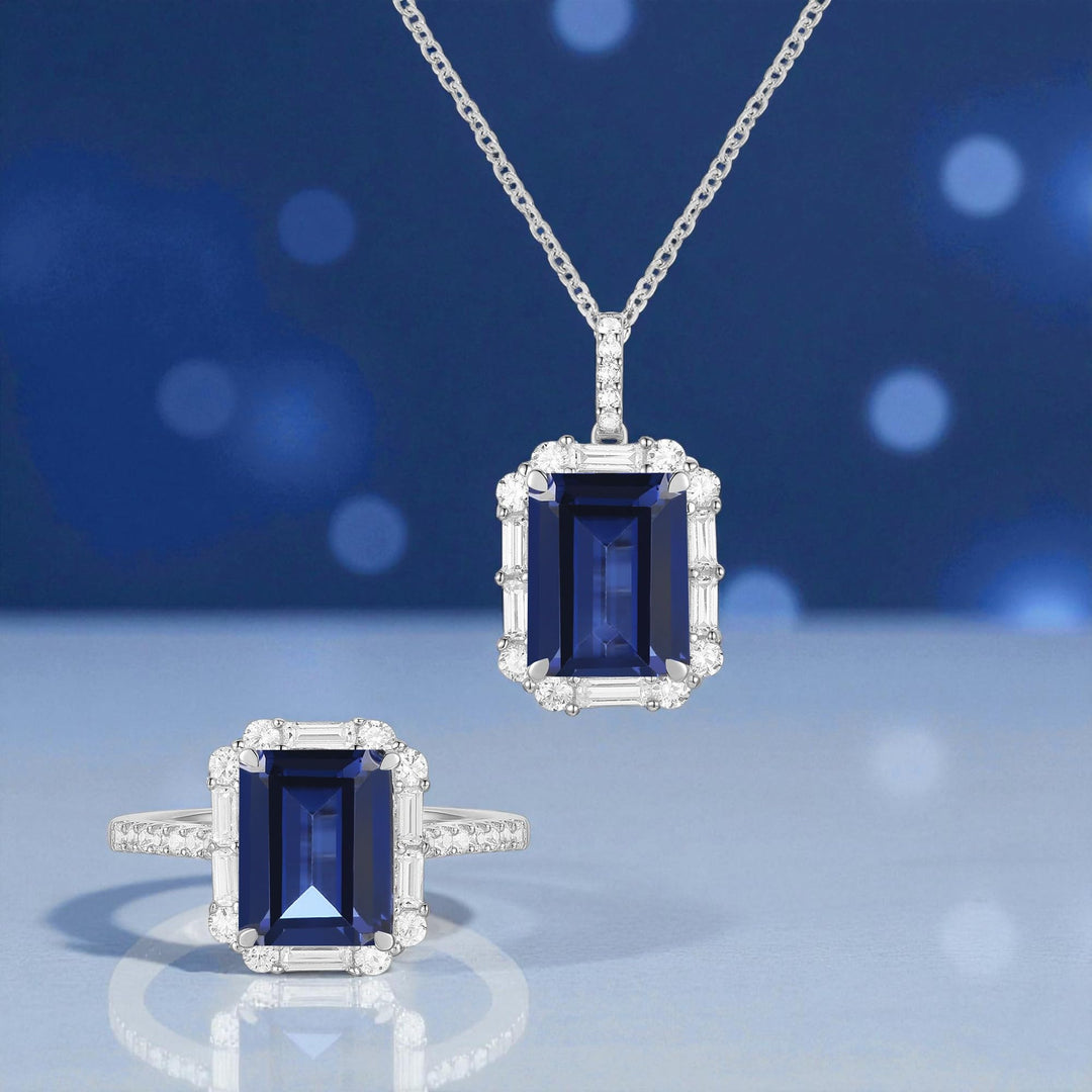 Lab Created Blue or White Sapphire in Sterling Silver or Genuine Citrine in 14K Gold Plated Silver Emerald Cut 2-piece Set