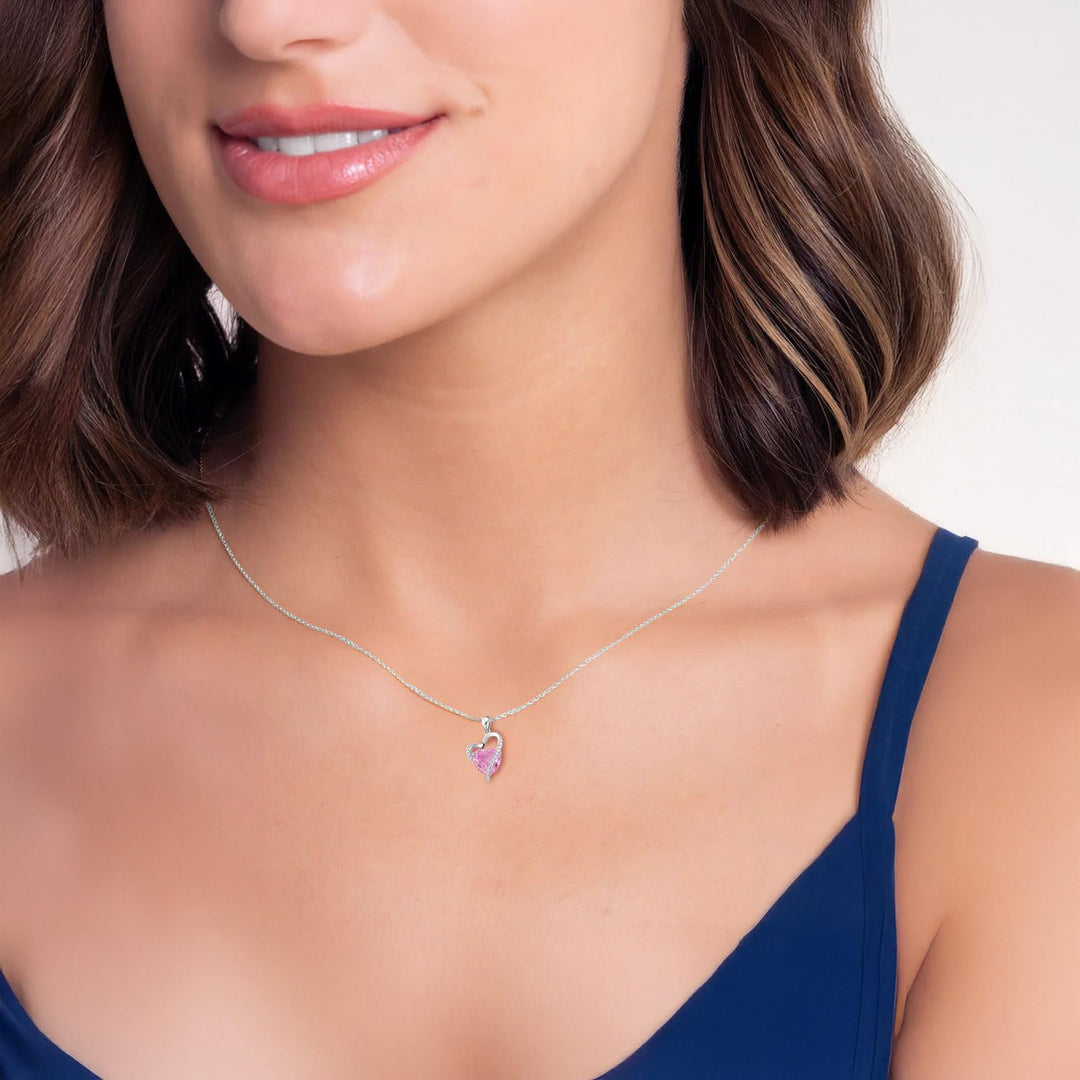 Sterling Silver Lab Created Pink & White Sapphire Heart Pendant Necklace