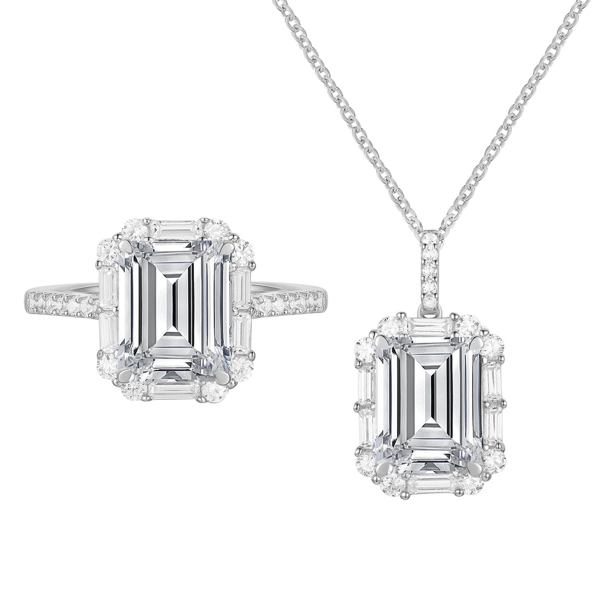 Lab Created Blue or White Sapphire in Sterling Silver or Genuine Citrine in 14K Gold Plated Silver Emerald Cut 2-piece Set