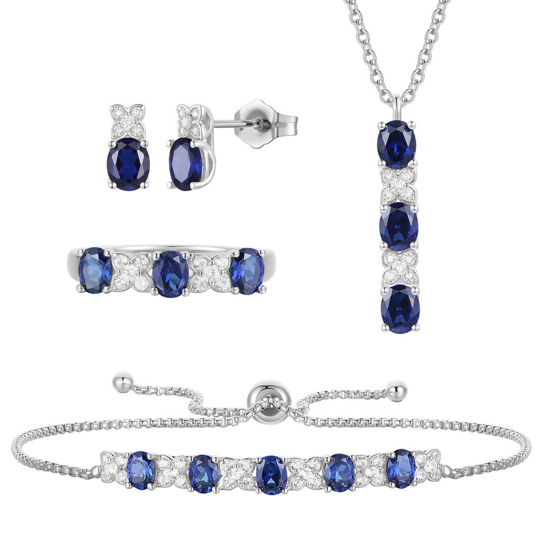 Lab Created Blue Sapphire or Lab Created Emerald in Sterling Silver or Lab Created Ruby in 14K Gold Plated Silver 4-piece Set