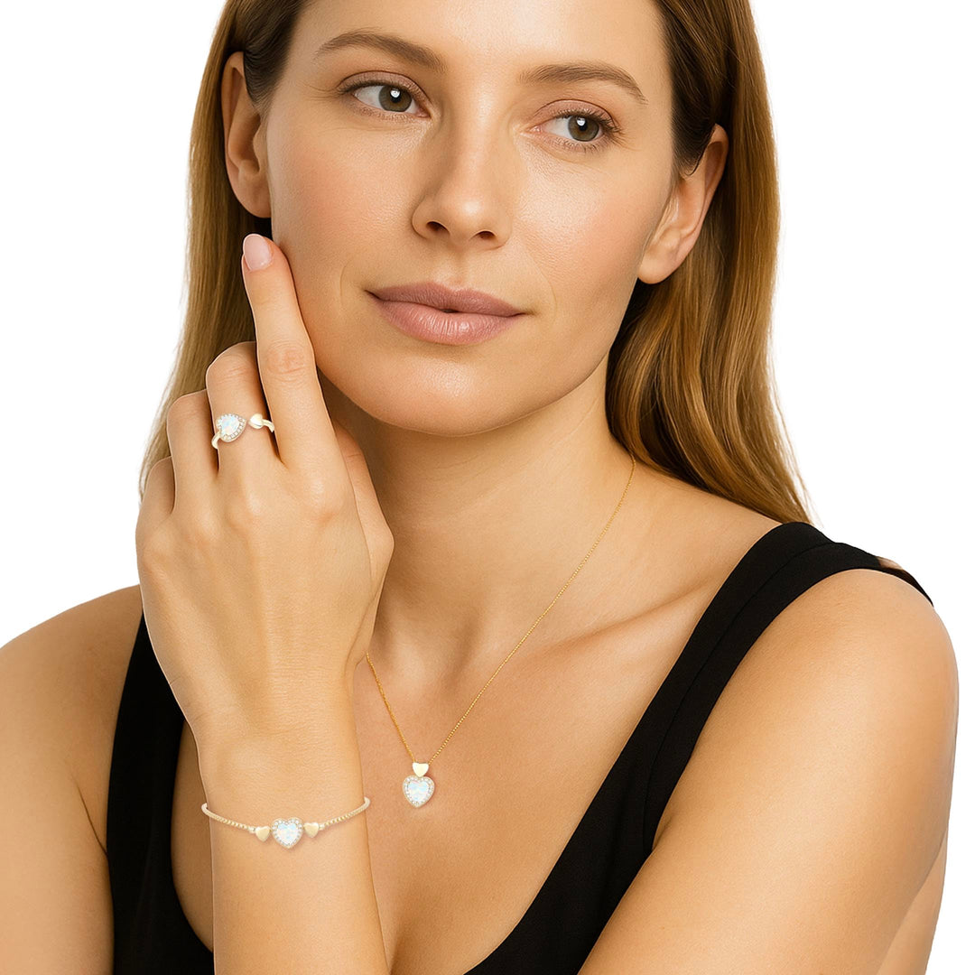 Lab Created Pink Sapphire in Sterling Silver or Lab Created Opal in 14K Gold Plated Silver 3-piece Heart Set