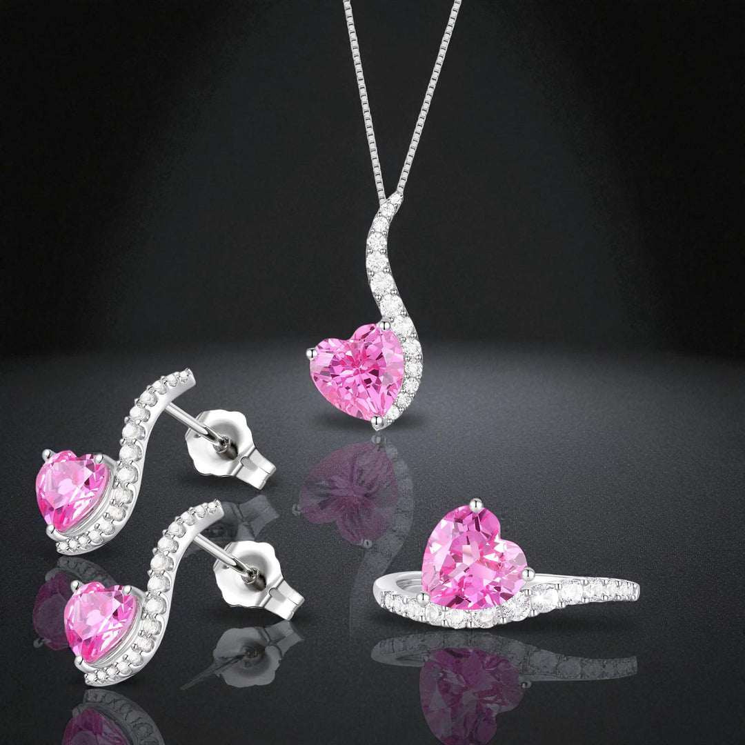 Sterling Silver Lab Created Blue, Pink, and White Sapphire 3-piece Wave Heart Set