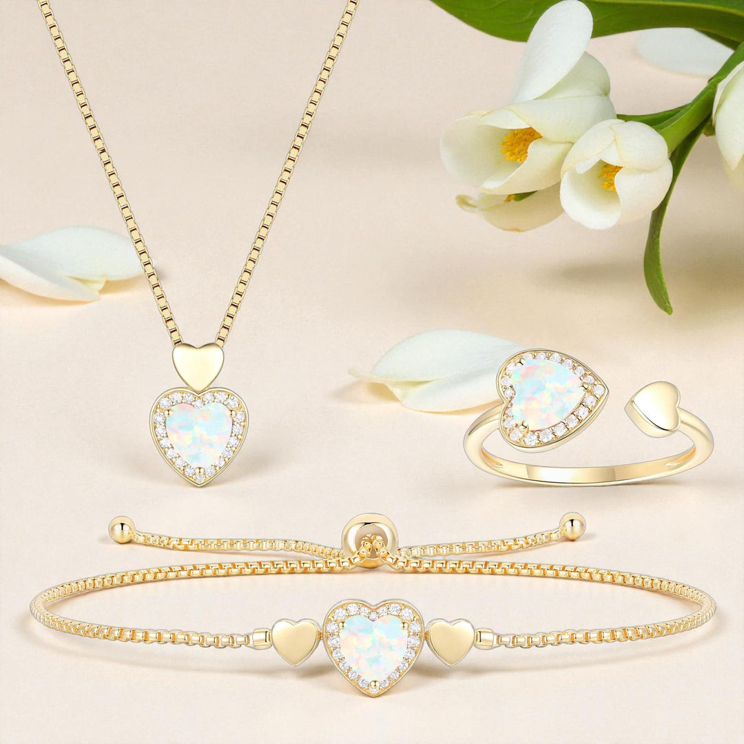 Lab Created Pink Sapphire in Sterling Silver or Lab Created Opal in 14K Gold Plated Silver 3-piece Heart Set