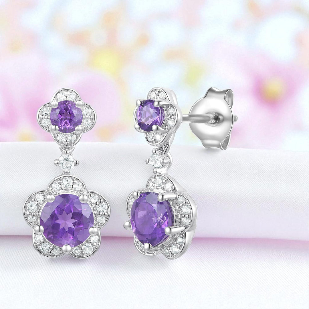 Sterling Silver Genuine Amethyst or Lab Created Opal & White Sapphire Flower Dangle Earrings