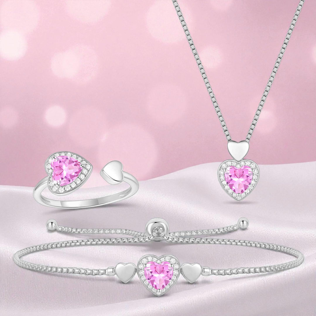 Lab Created Pink Sapphire in Sterling Silver or Lab Created Opal in 14K Gold Plated Silver 3-piece Heart Set