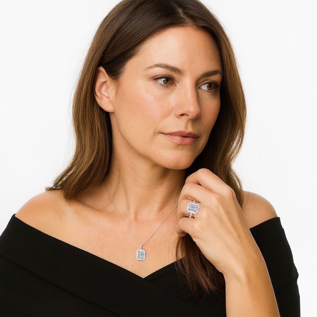 Lab Created Blue or White Sapphire in Sterling Silver or Genuine Citrine in 14K Gold Plated Silver Emerald Cut 2-piece Set