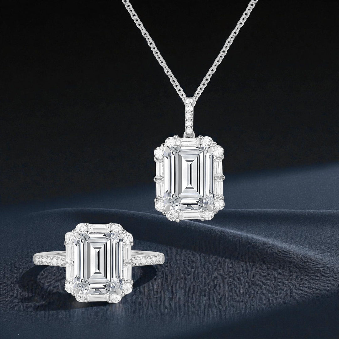 Lab Created Blue or White Sapphire in Sterling Silver or Genuine Citrine in 14K Gold Plated Silver Emerald Cut 2-piece Set
