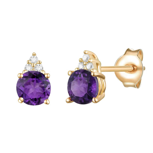 Elegant 14K Gold Stud Earrings with Diamonds and Amethyst – 4.5mm Stone