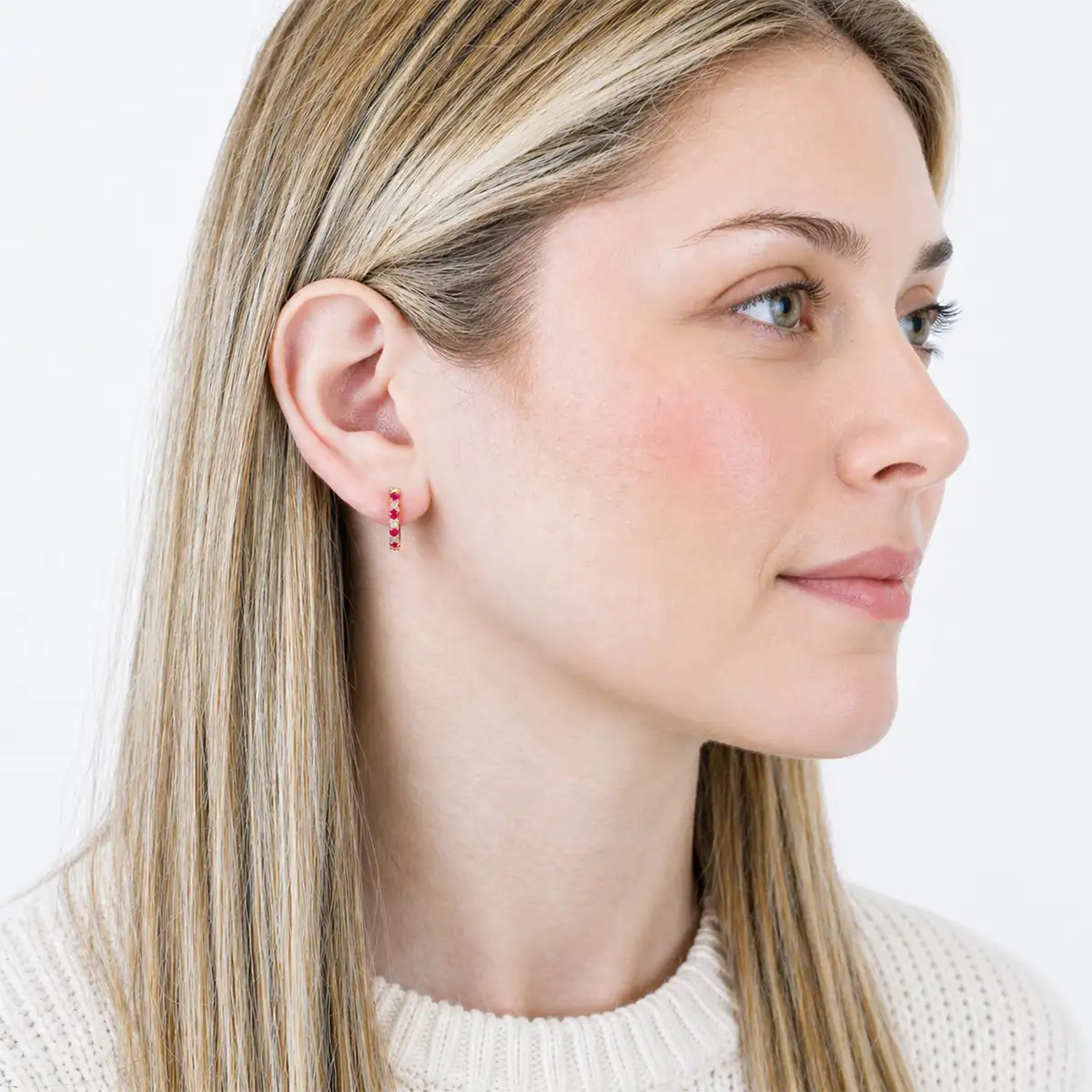 14K Yellow Gold Hoop Earrings with Ruby and White Sapphires
