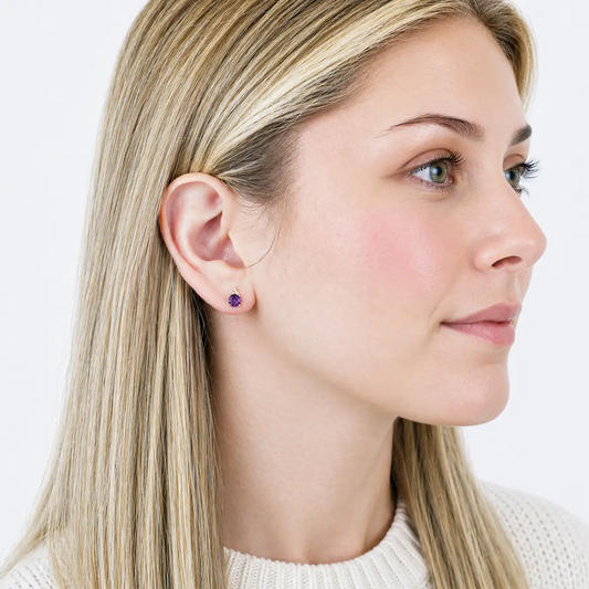 Elegant 14K Gold Stud Earrings with Diamonds and Amethyst – 4.5mm Stone