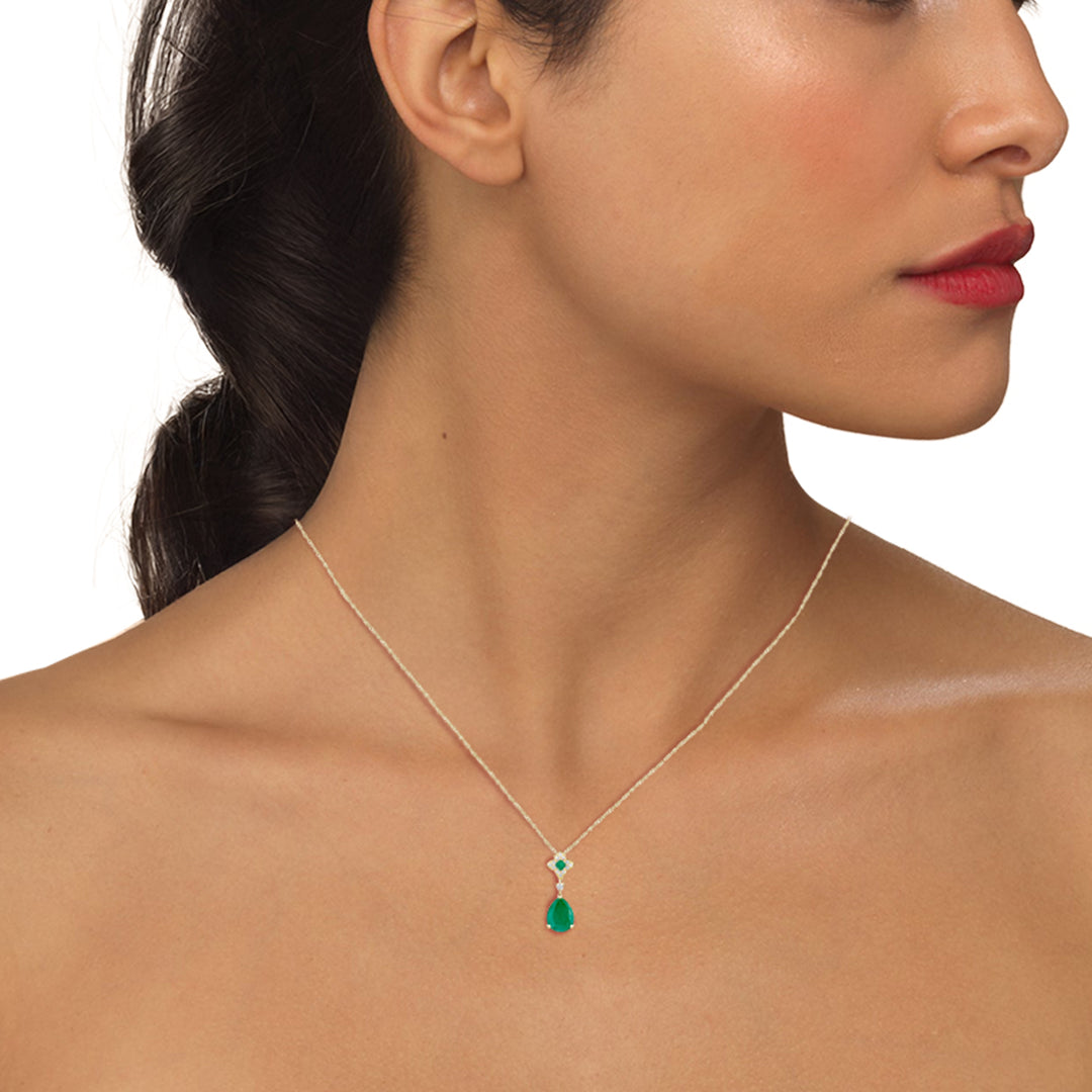 10K Genuine Emerald & 1/15 ct tw Diamond Pear Drop Pendant with 18" Chain