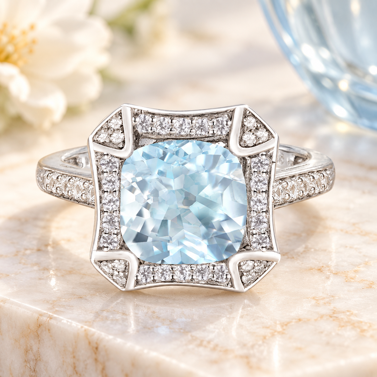 8.0mm Cushion-Cut Aquamarine and 1/4 CT. Diamond Frame Ring in Sterling Silver