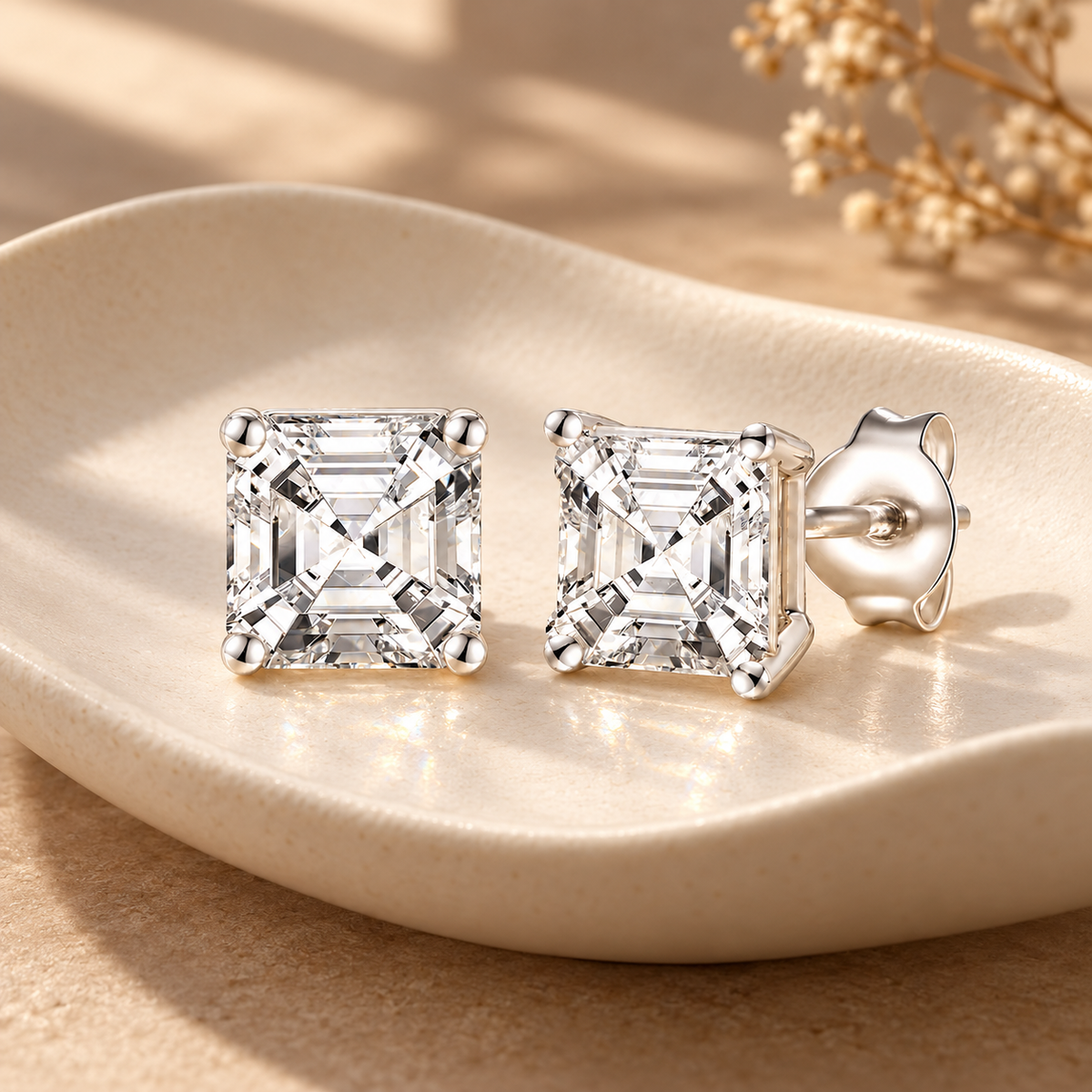14K Lab Grown Asscher Solitaire Earrings F-G VS1-VS2